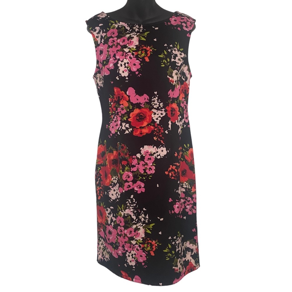 Adrianna Papell Black Red Pink Floral Sleeveless Shift Dress Sheaf